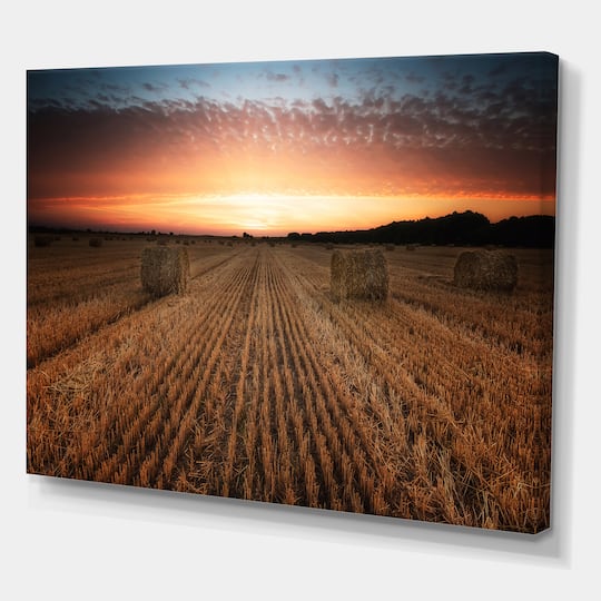 Designart - Landscape With A Field Full of Hay Bales At Sunset
